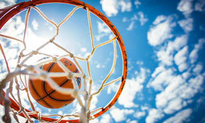 Basketball going through the hoop at sports arena