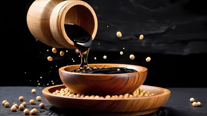 soy sauce drop falling from flying soybeans in wooden bowl and created splash on black stone background. Traditional asian condiment. Natural product concept