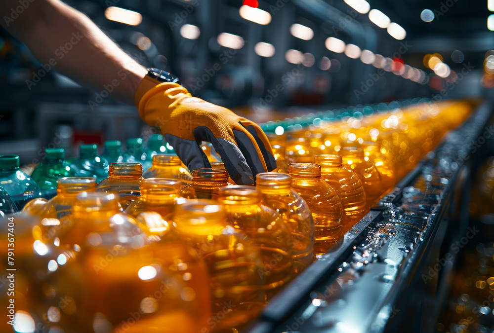 Wall mural Worker hand in yellow glove with bottle on the background of the production line