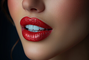 Fototapeta premium Beautiful woman with red lips on dark background