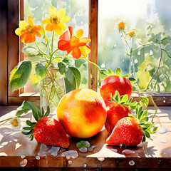 창문앞 꽃과 과일