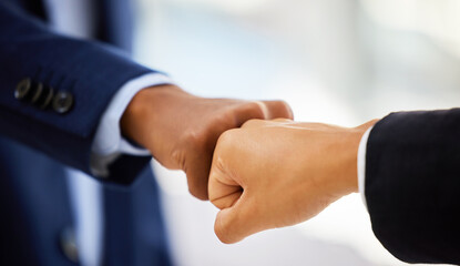 Hands, fist bump and business people in office with teamwork, respect and agreement for...