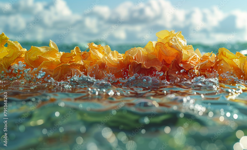 Poster oranges float on the waves of the sea. plastic pollution in water