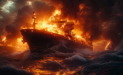 Large tanker ship is engulfed in flames. The ship in fire