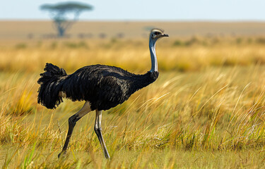 Ostrich walking in the grass. The ostrich in the savannah