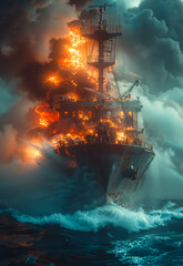 Old battleship in the fire and smoke. The ship in fire