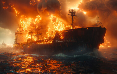 Fototapeta premium Oil tanker is burning large oil spill in the sea at night.