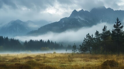 Foggy mountains with a distant field and trees