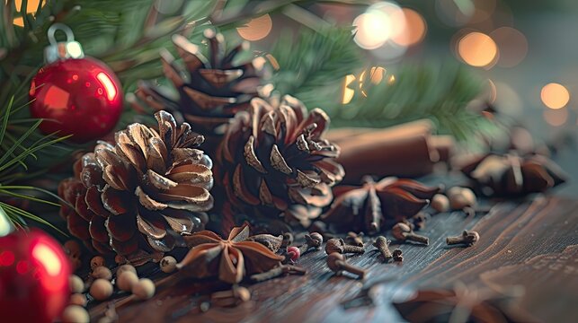 3D pine cones and Christmas spices like cinnamon and star anise on a festive table