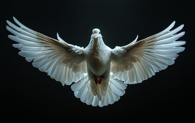 Fototapeta premium White dove. A white pigeon on black background flying spreading
