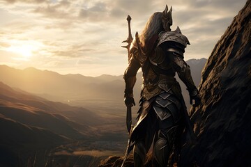 Fantasy landscape with a knight in armor and sword, 3d render