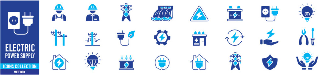 Electricity set of icons. Vector icons in flat linear. - obrazy, fototapety, plakaty