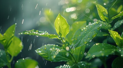 After a spring rain, all things revive, with water beads glistening on the surface of leaves. - obrazy, fototapety, plakaty