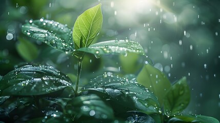 After a spring rain, all things revive, with water beads glistening on the surface of leaves. - obrazy, fototapety, plakaty