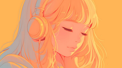 Cool Anime manga girl lofi music teenager listening with headphones background 