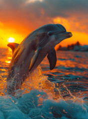 Dolphin jumping in the sea at sunset
