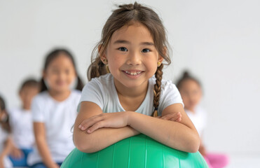 Cute little girl sitting on green ball in children's gym with teacher and other kids doing fitness exercises