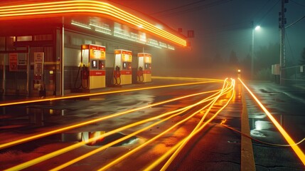 Fuel dispenser along with light trails of movement speed at night - obrazy, fototapety, plakaty
