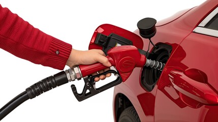 Gasoline pump filling red car with gas on a white background