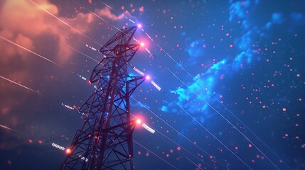 High voltage electric pole with digital glowing wires on dark background.