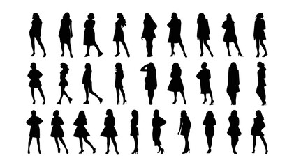 A lot of vector black silhouettes of beautiful womans on white background