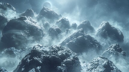 A space scene with a lot of rocks and snow - obrazy, fototapety, plakaty