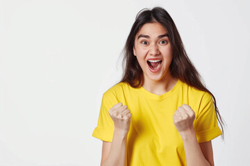 Asian woman in Yellow T shirt Pose Enthusiastic on isolate white background.