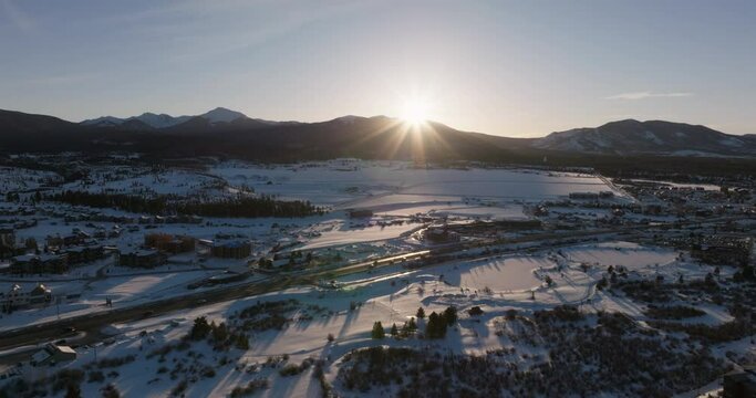 Drone shot of a sunset over the mountains in Fraser, Colorado