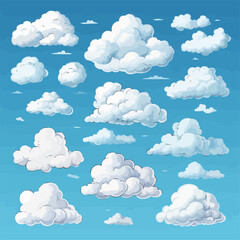 Cartoon white clouds icon set isolated on blue background. Cloudscape in flat style. Blue sky cloud weather symbol. Vector illustration cloudy panorama