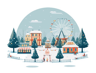 Christmas Fair winter city park flat design illustration isolated on transparent background vector