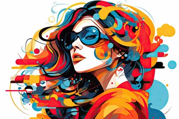 Naklejka premium A woman with vibrant, colorful hair wearing sunglasses on her face in a surreal illustration. Generative AI