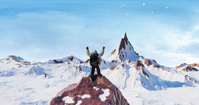 A Peak of Accomplishment: Celebrating a Climber's Success at the Mountain Summit. Concept 3D CG Render.