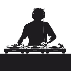 Fototapeta na wymiar Disc jockey man silhouette, DJ and record decks vector isolated on white