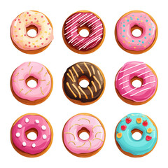 Fototapeta premium Donuts with different color frosting icon set vector. Colorful doughnuts collection isolated on a white background. Donut with chocolate, pink, colorful glaze illustration