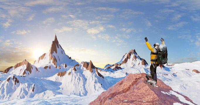 A Climber's Grand Celebration: Reaching New Heights, Achieving the Goal. Concept 3D CG Render.