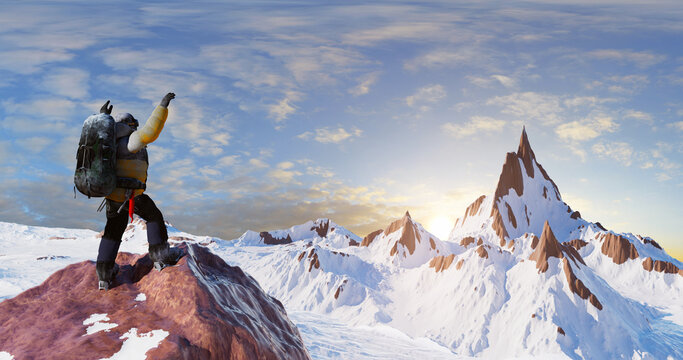 Celebrating Heights Conquered: A Climber's Festive Journey to Success. Concept 3D CG Render.