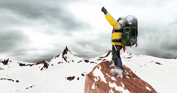 Peak of Victory: A Climber's Exhilarating Arm Raise at the Mountain Top. Concept 3D CG Render.