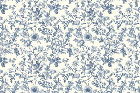 Toile floral pattern tapestry. Vintage botanical wallpaper pattern. Background image. Created with Generative AI technology