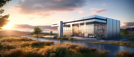 Obraz premium The prompt used to generate this image was:./imagine: prompt: A beautiful sunset over a futuristic building