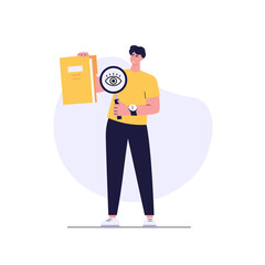 Man studying information, facts. Concept of case study, searching business information, analyze of product features. Vector illustration in flat design for web banner