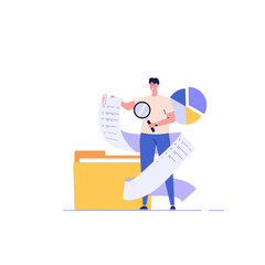 Man studying information, facts. Concept of case study, searching business information, analyze of product features. Vector illustration in flat design for web banner