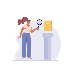Woman studying information, facts. Concept of case study, searching business information, analyze of product features. Vector illustration in flat design for web banner