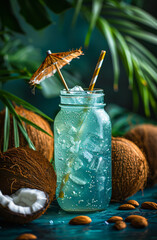 Coconut water in mason jar with straw and coconuts on dark background