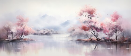 Misty lake with pink trees in the morning