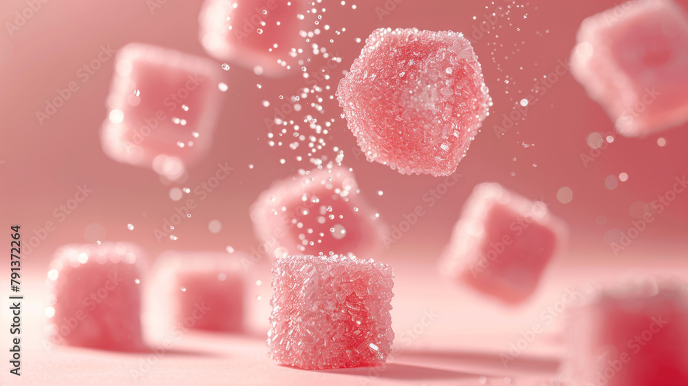 Aufkleber a close up of pink sugar cubes with a pink background. the cubes are falling from the sky, creating 