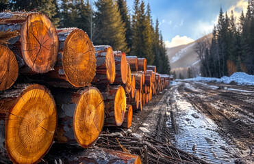 Logs are stacked on the road in the forest. A photo of cut pine trees in piles - obrazy, fototapety, plakaty