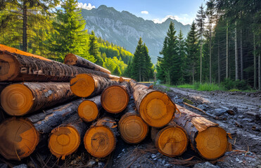 Log trunks pile the logging timber forest wood industry. Wide banner or panorama wooden trunks