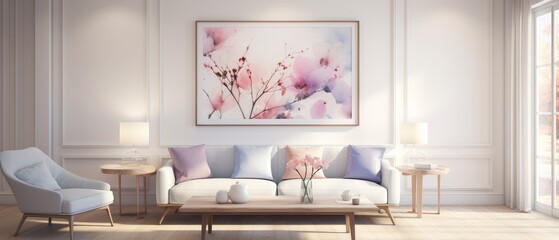 /imagine: prompt: A watercolor painting of pink and purple flowers in a white frame. A white sofa with lilac and pink pillows sits in front of it. There is a coffee table with a vase of flowers on it