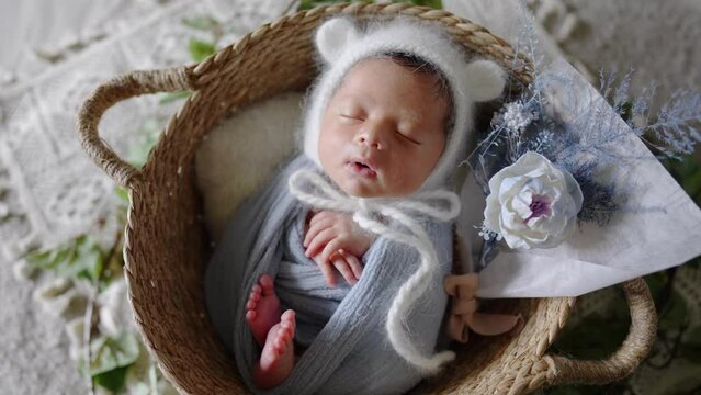 The scene where an 8-day-old Taiwanese baby wearing blue wraps and white costumes is taking a newborn photo 青いおくるみや白い衣装を来た台湾人の生後８日の赤ちゃんがニューボーンフォトを撮影されている光景