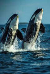 Obraz premium Two killer whales jumping out of the water